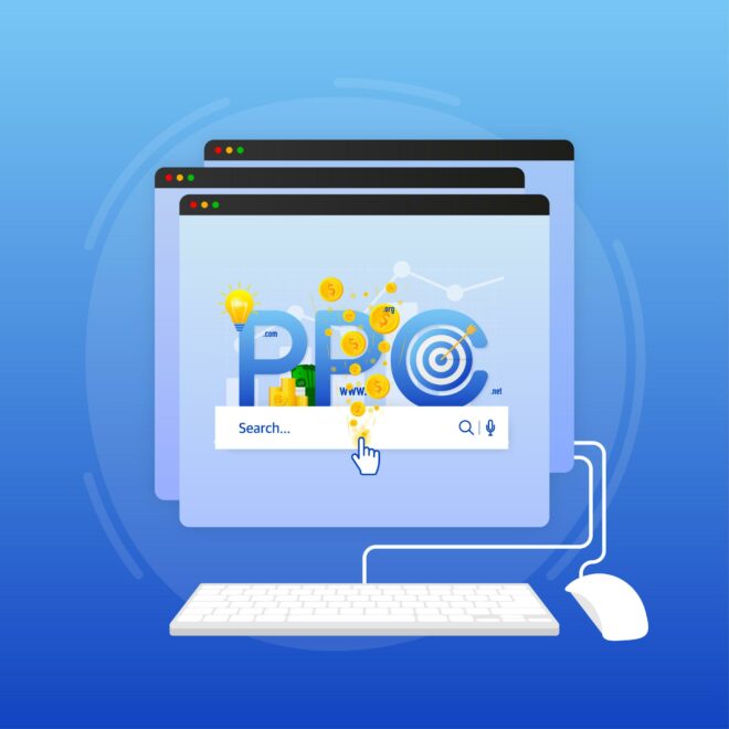 Cartoon illustration on blue backdrop. Abstract ppc for paid marketing campaigns advertising design