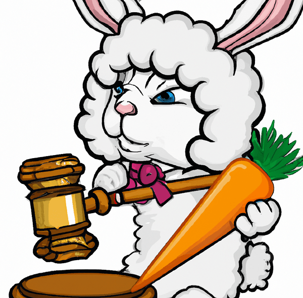 A rabbit wearing a judge’s wig, holding a gavel and his newly acquired carrot