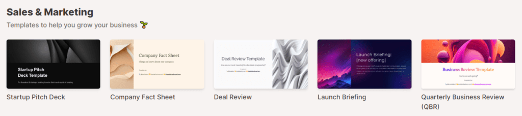 A few templates from the Sales and Marketing section from Gamma App.
