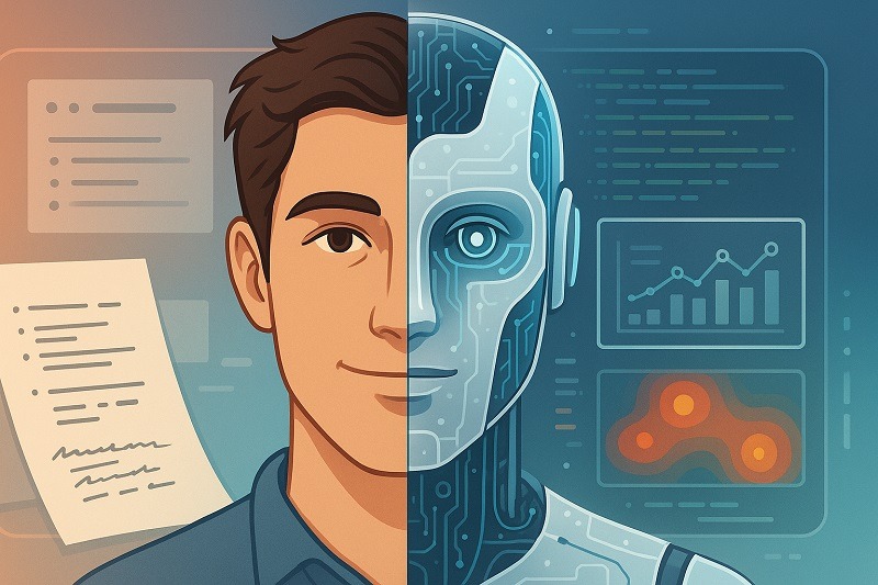 Behind Every Click Is a Real Person – Building Websites for Humans, Not Robots 1 A conceptual image depicting the blend of a human and a robot, symbolizing the contrast between designing for humans versus designing for algorithms.